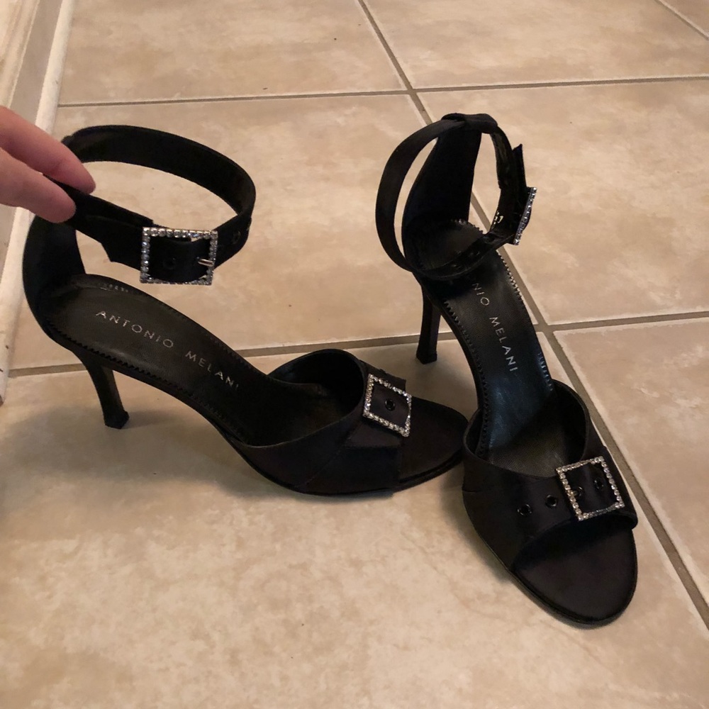 Sexy black satin with rhinestone buckle heels